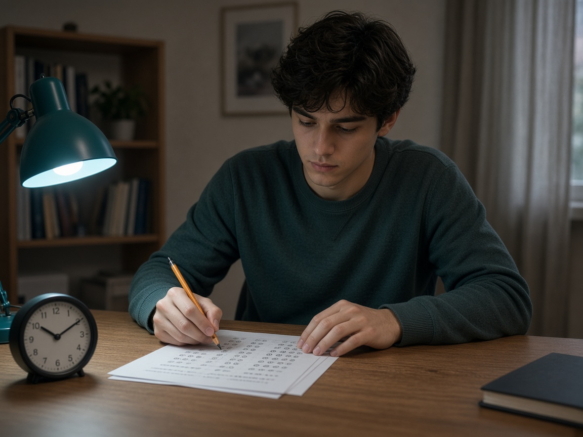 Student taking a timed mock test at a desk