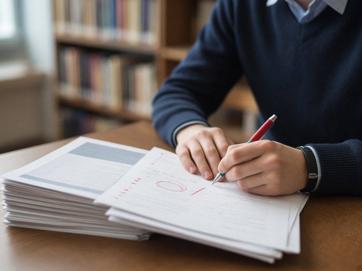 Student reviewing past exam papers